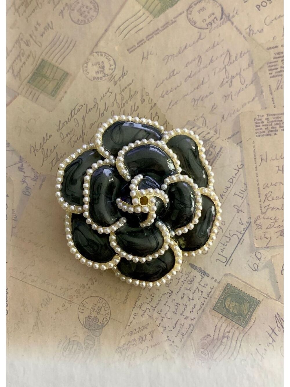 Vintage Enamel Elegant Black Flower Brooch with Pearl Detailing Classic Chic